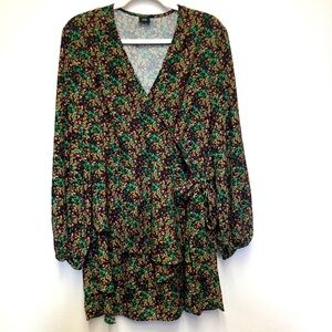 River Island Faux Wrap Tiered Mini Dress 10 Floral Pink Wide Sleeves Cocktail